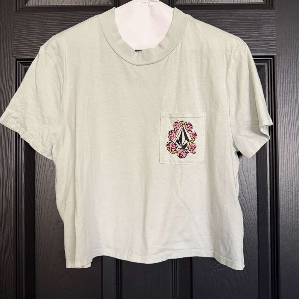 Volcom Light Green Short Sleeve Tee with Pink Floral Logo